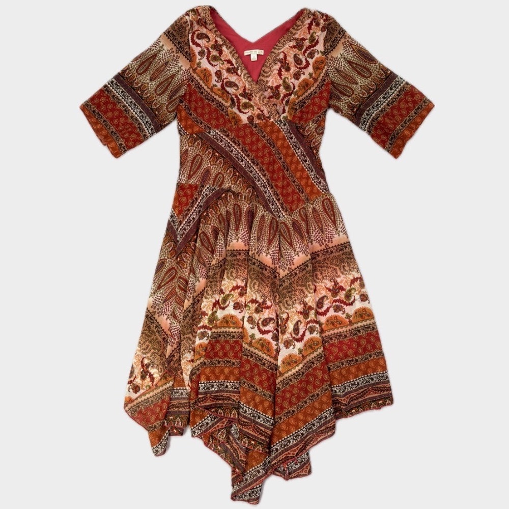 Westport 1962 Paisley Patchwork Handkerchief Hem Midi Dress Red Orange Size 14